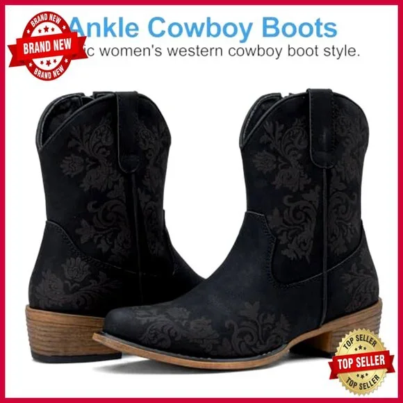 Western Cowgirl Ankle Boots Square Toe Zipper Casual Classic Block Heel - Picture 6 of 7